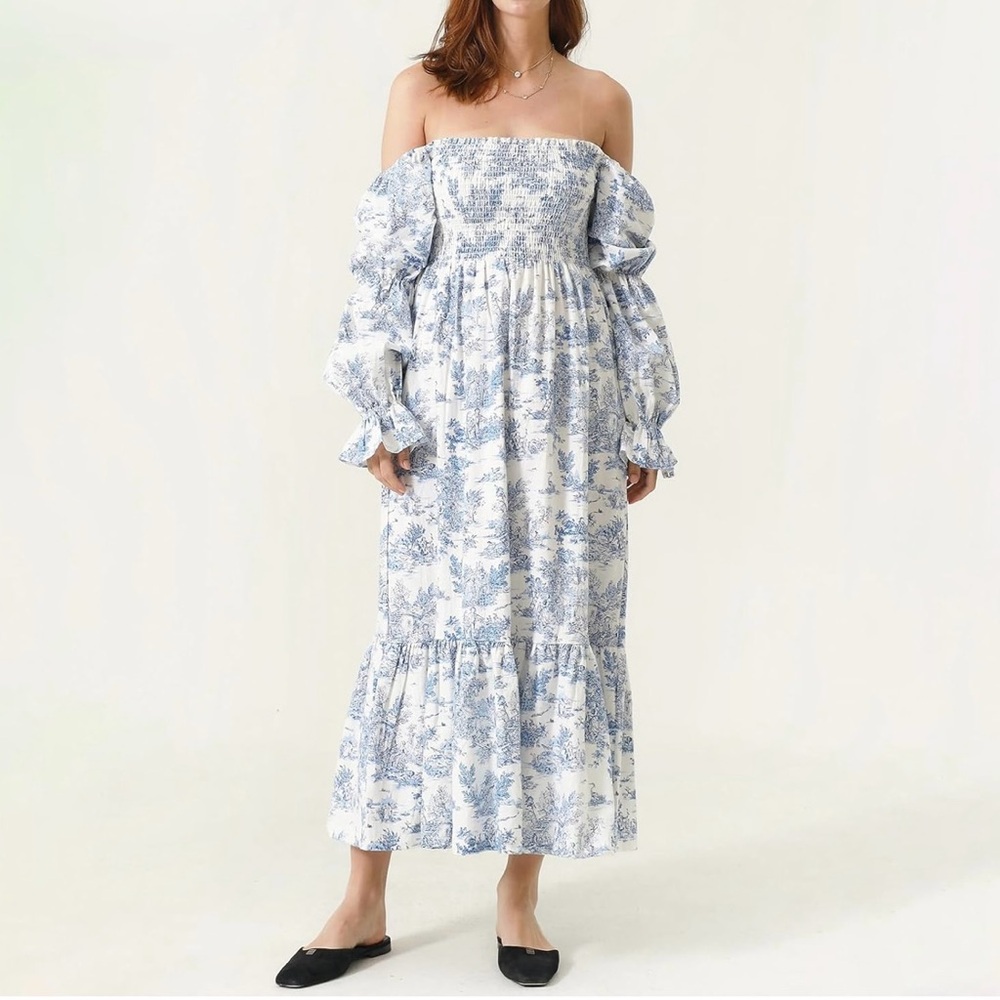 Off-Shoulder Blue & White Toile Maxi Dress